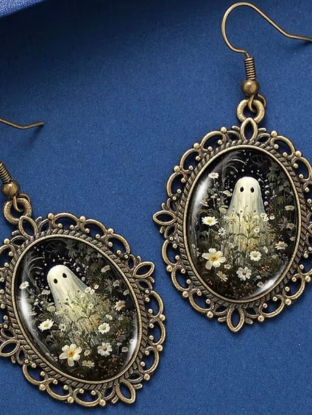 Antique Bronze Ghost Earrings Dangle Halloween Floral Oval Frame Vintage